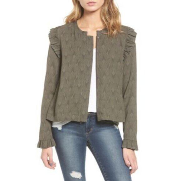 Hinge Seattle Ruffle Swing Jacket Women's Medium Olive Sarma Deco Geo - Picture 1 of 7